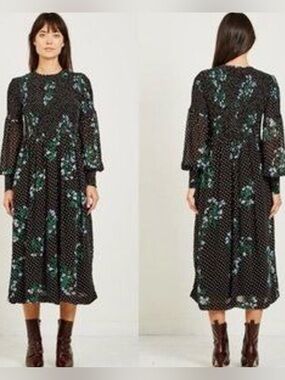 GANNI Rommety Floral Polka Dot Midi Dress EU 36 US 4
